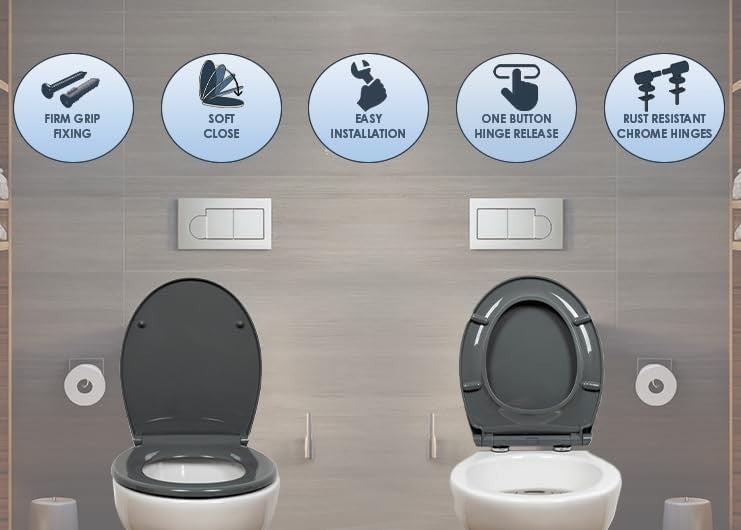 Grey Oval Toilet Seat Thermoplastic Quick Release Top & Bottom Fix 44.5x37cm