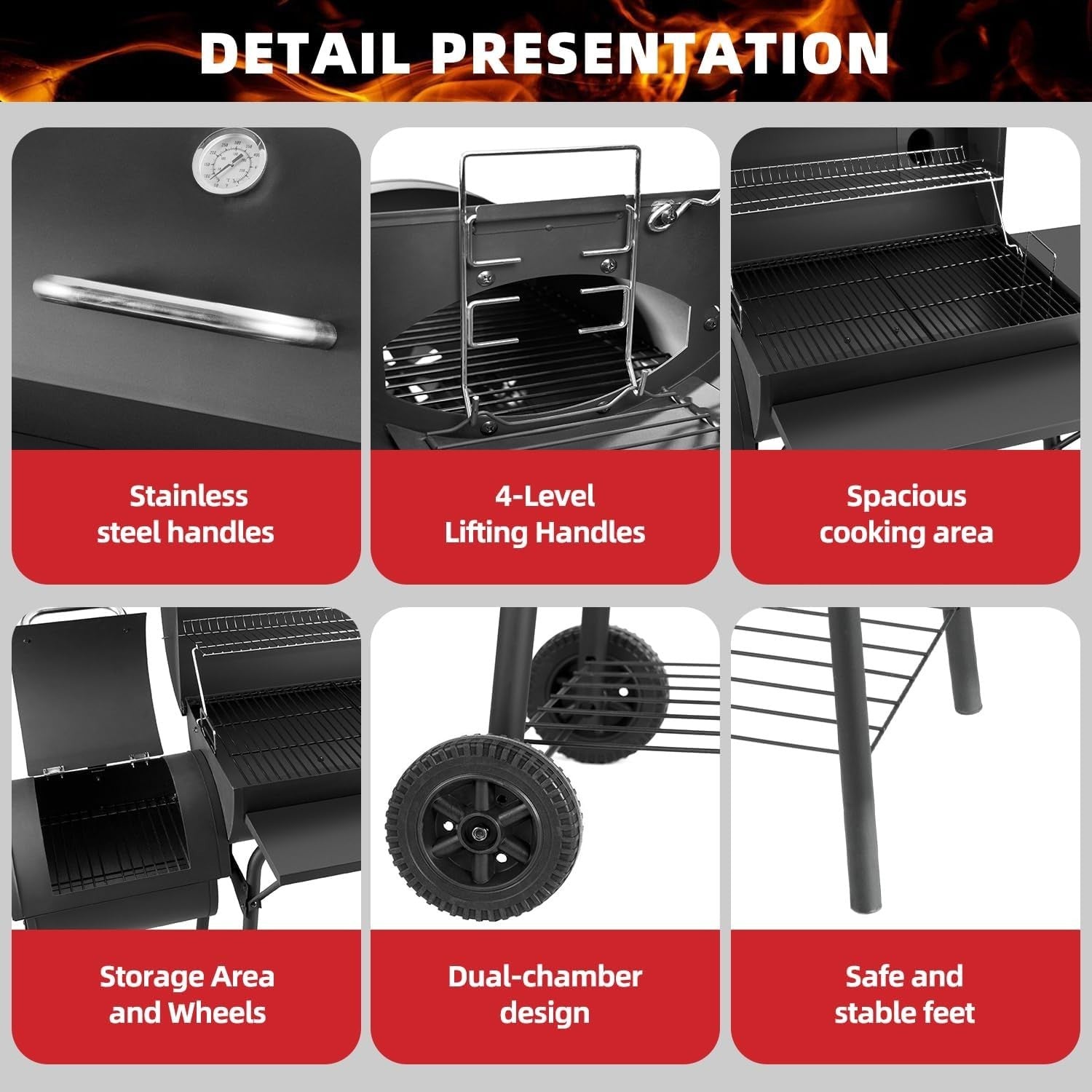 Charcoal BBQ Grill with Offset Smoker, Large Barrel BBQ with Thermometer