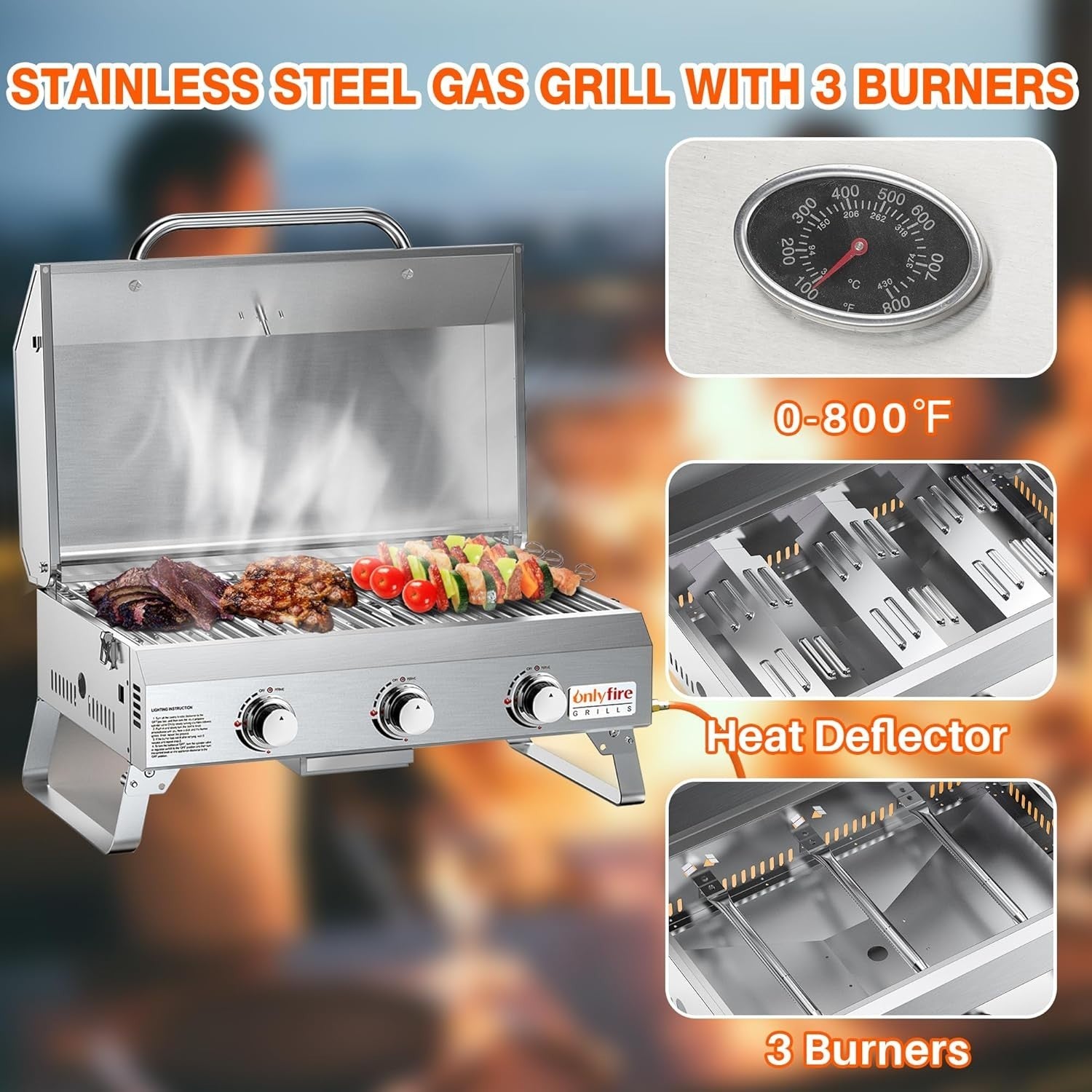 3 Burner Portable Gas BBQ Grill Stainless Steel Tabletop Outdoor Camping Cooker