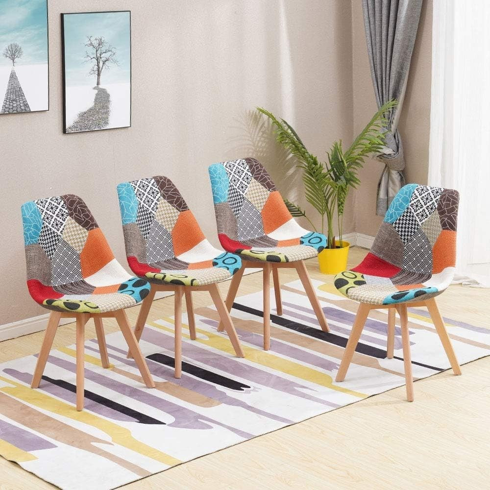 Modern Retro Dining Table & 4 Patchwork Chairs Set | Solid Wood Kitchen