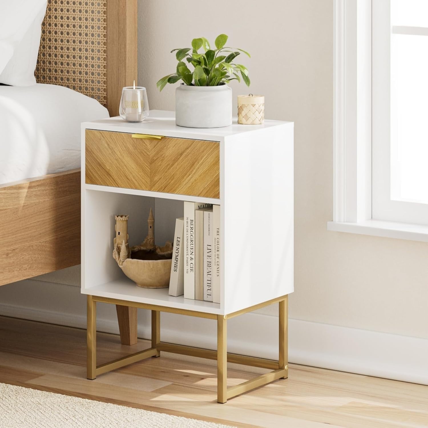 Modern White Bedside Table with Drawer & Shelf – 40x40x65cm Wooden Nightstand
