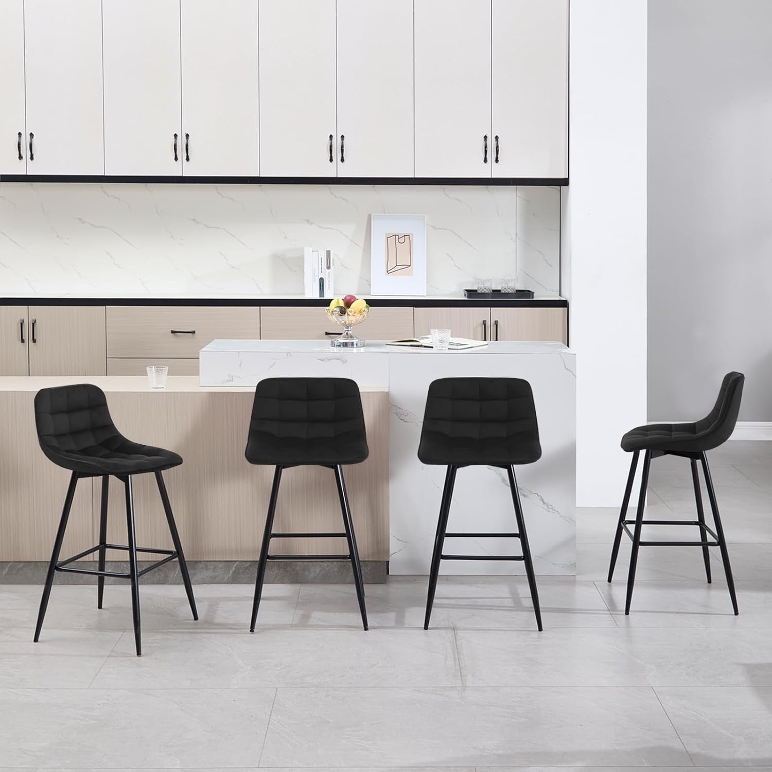 Black Velvet Bar Stools Set of 2 – Ergonomic Kitchen & Counter Seats