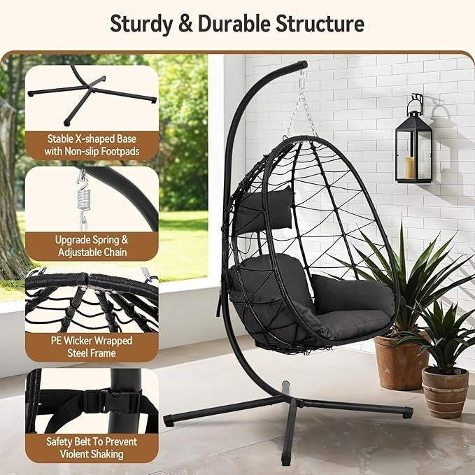 Rattan Hanging Egg Chair with Stand Swing Seat Cushion Indoor Outdoor Patio