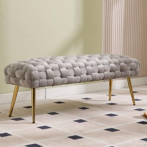 Velvet Ottoman Bench with Gold Metal Legs, Grey Upholstered Entryway Seat