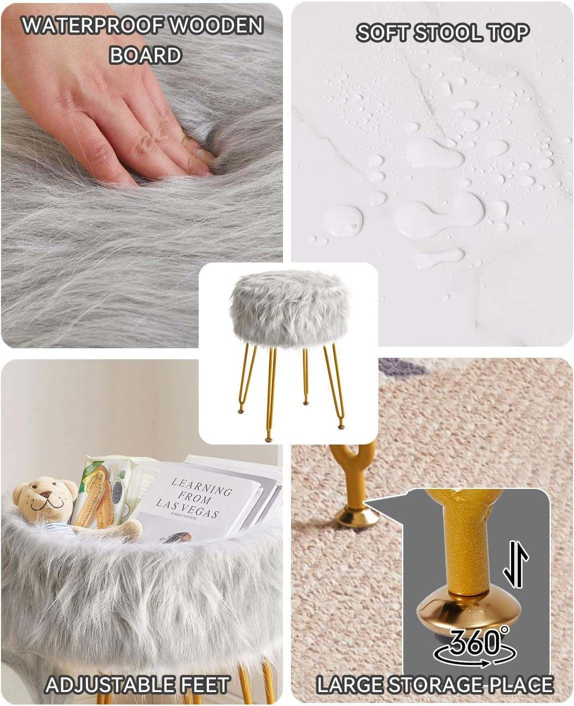 Grey Faux Fur Round Vanity Stool with Storage – Soft Ottoman Seat & Metal Legs
