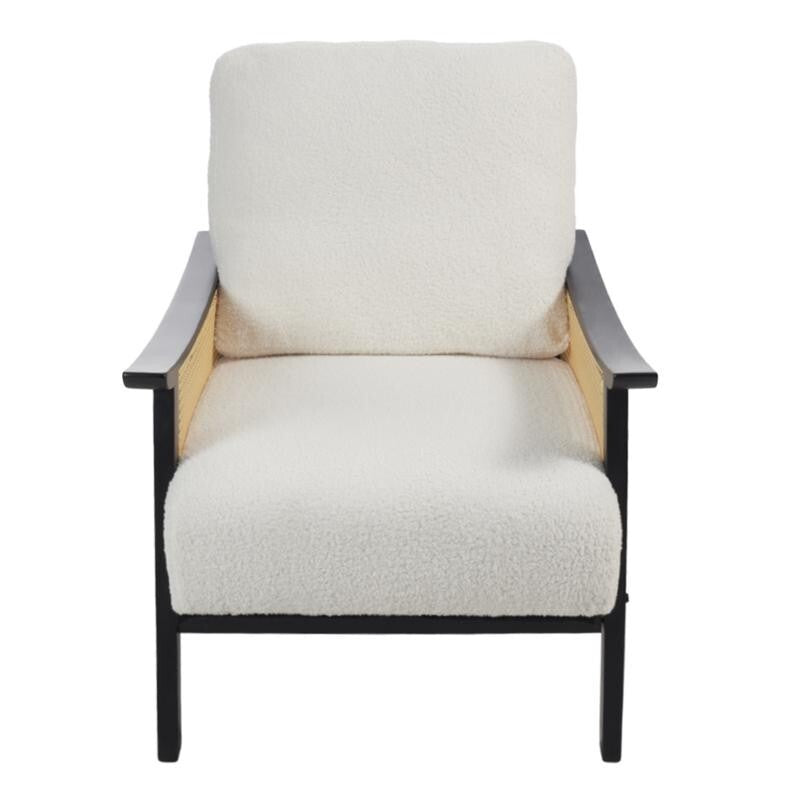 Mid-Century Rattan Armchair White Teddy Fur Seat Retro Lounge Accent