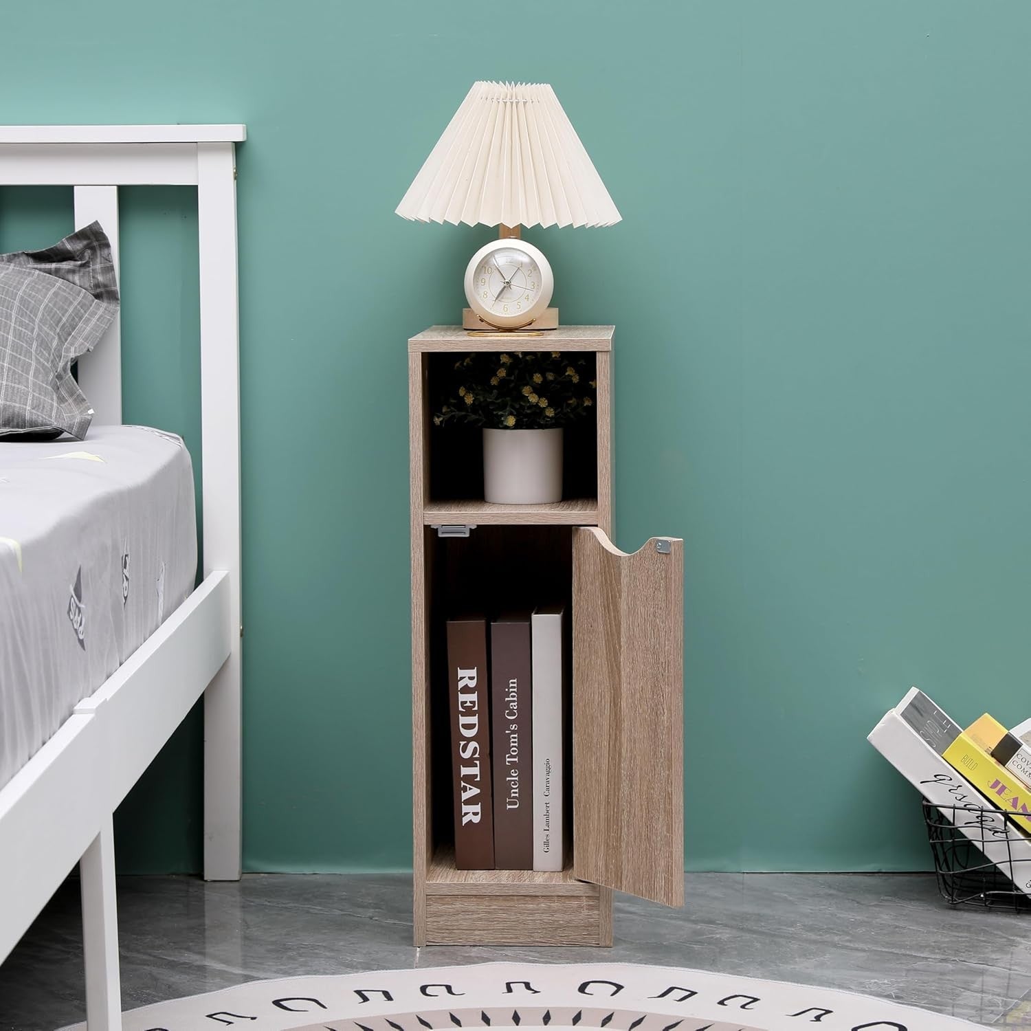 Slim Walnut Bedside Table with Drawer & Open Shelf, Narrow Nightstand Storage