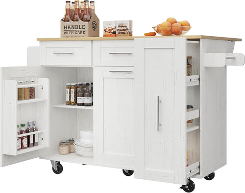 Rolling Kitchen Island Cart with Foldable Worktop, Snack Shelves & Lockable Whee