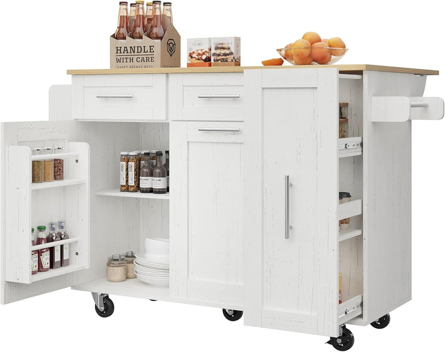 Rolling Kitchen Island Cart with Foldable Worktop, Snack Shelves & Lockable Whee