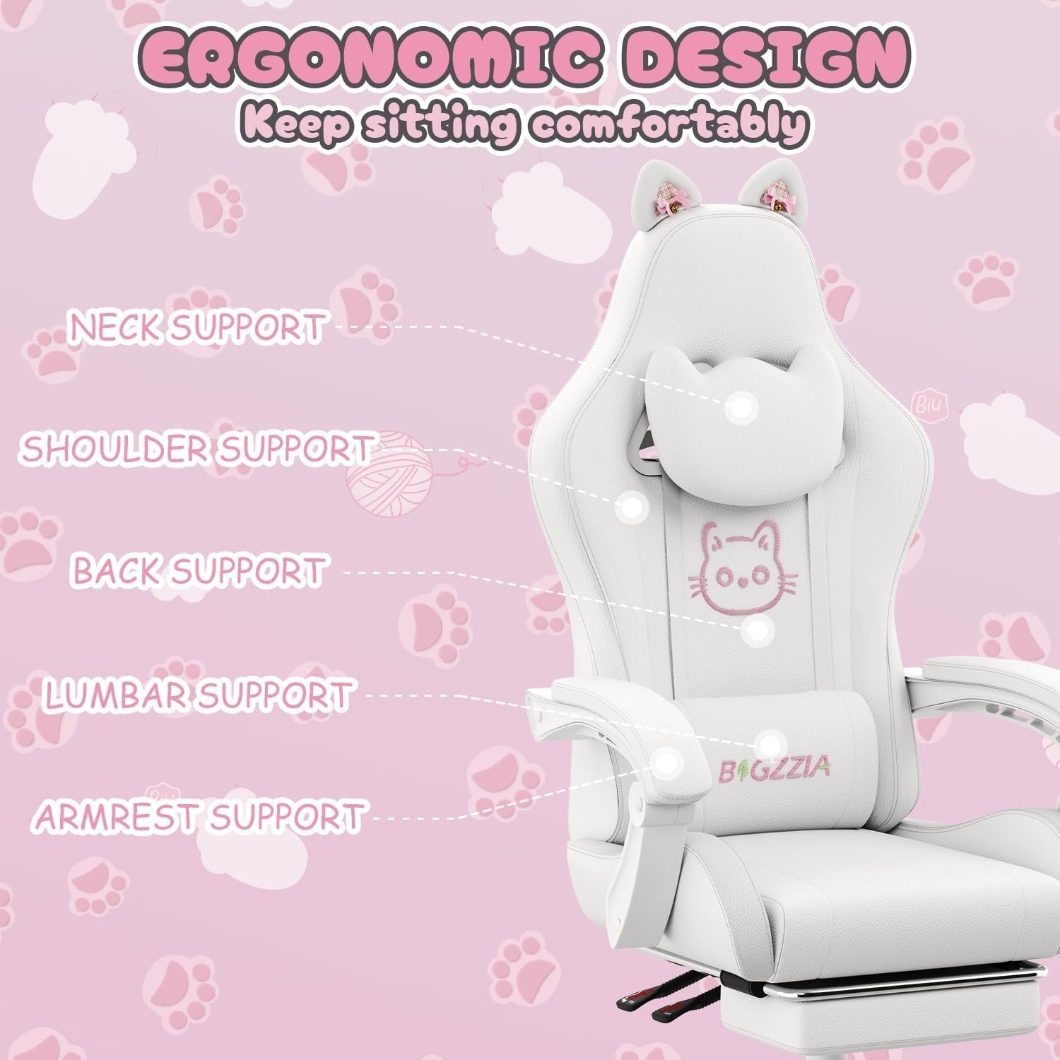 Cute Gaming Chair Cat Ears Massage Footrest White