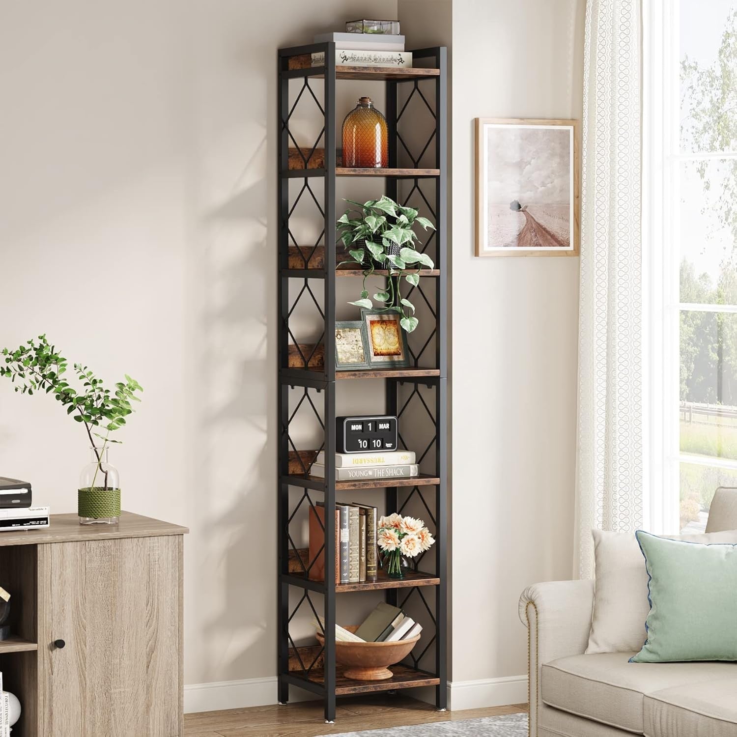 Tall 7-Tier Narrow Bookshelf Set | Slim Rustic Display Shelves for Small Spaces