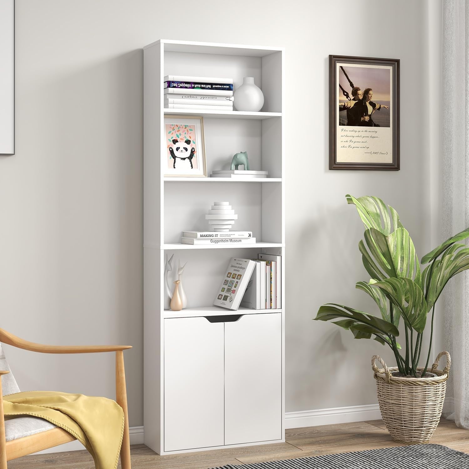 White 6 Tier Tall Bookcase with Doors Modern Storage Cupboard Free Standing Unit