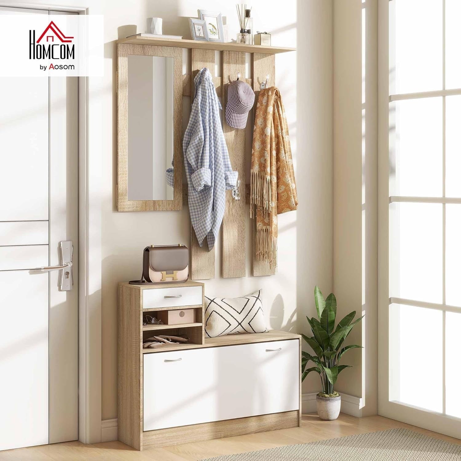 Natural Wood Hallway Furniture Set with Shoe Cabinet, Mirror & Coat Hooks
