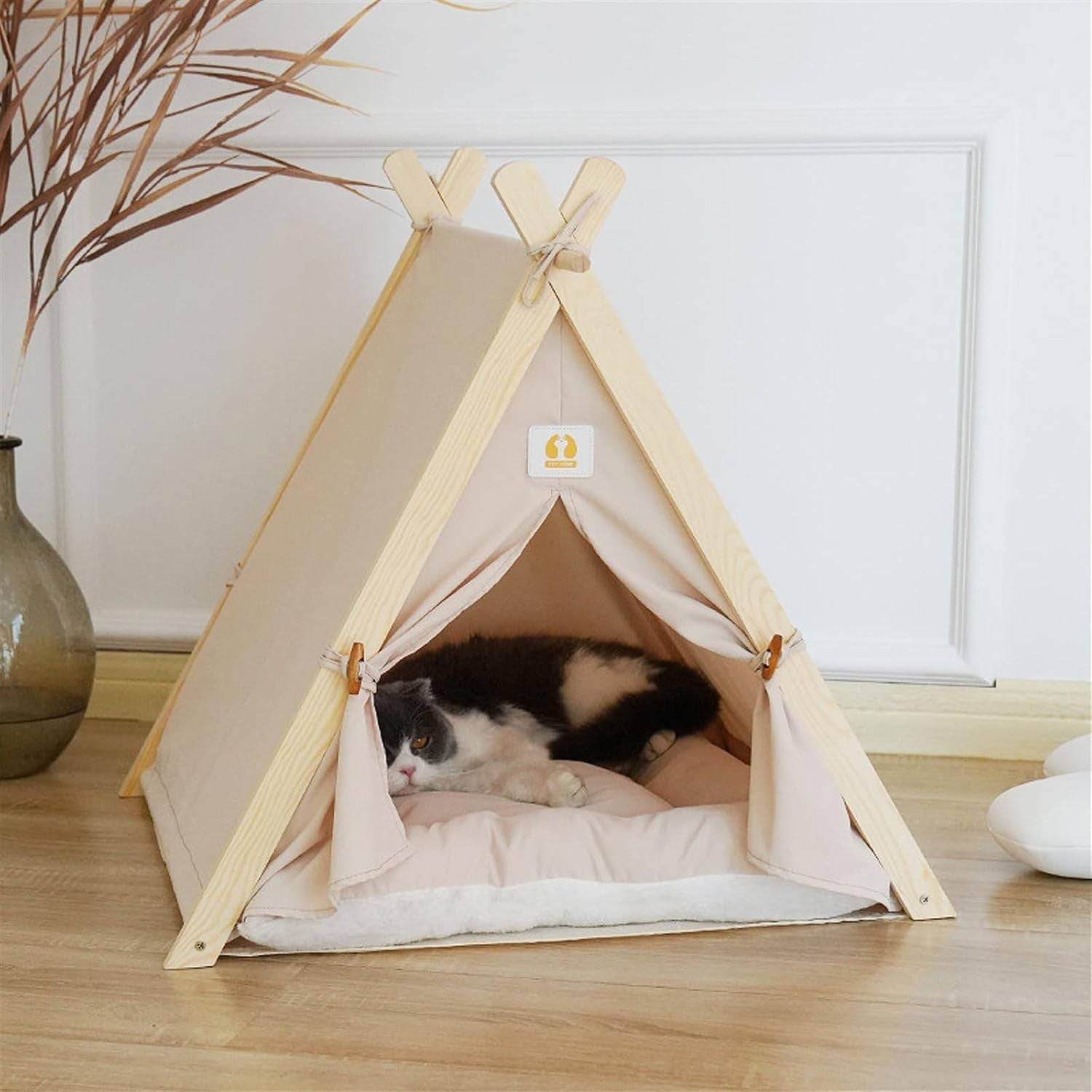 Wooden Pet Teepee Tent Cat Dog House w Cushion Indoor Shelter Beige