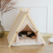 Wooden Pet Teepee Tent Cat Dog House w Cushion Indoor Shelter Beige