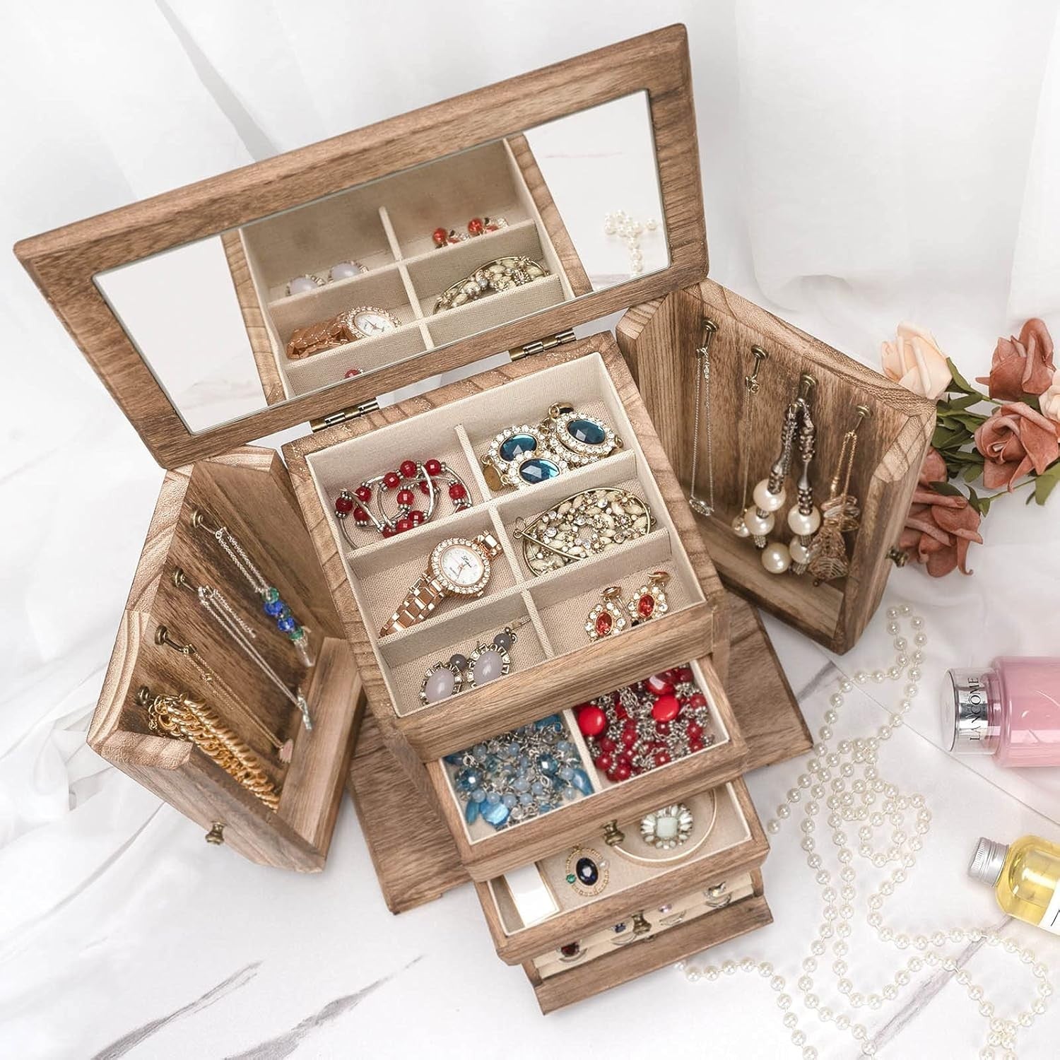 Rustic Wooden Jewelry Box Organizer with Mirror 4 Layer Storage Case