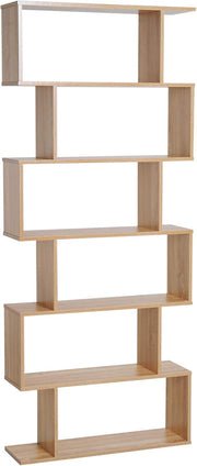 Oak S-Shape 6-Tier Bookcase Modern Display Shelf Room Divider Storage Unit