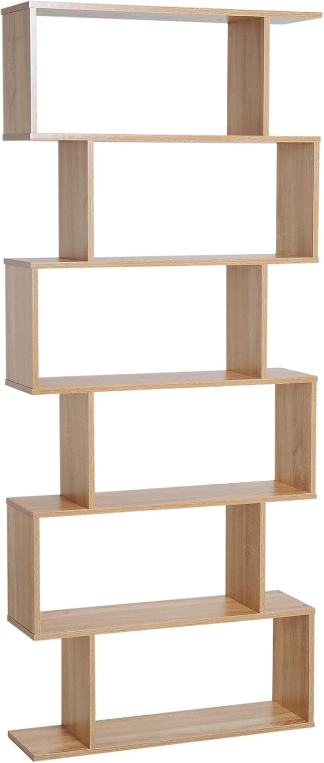 Oak S-Shape 6-Tier Bookcase Modern Display Shelf Room Divider Storage Unit