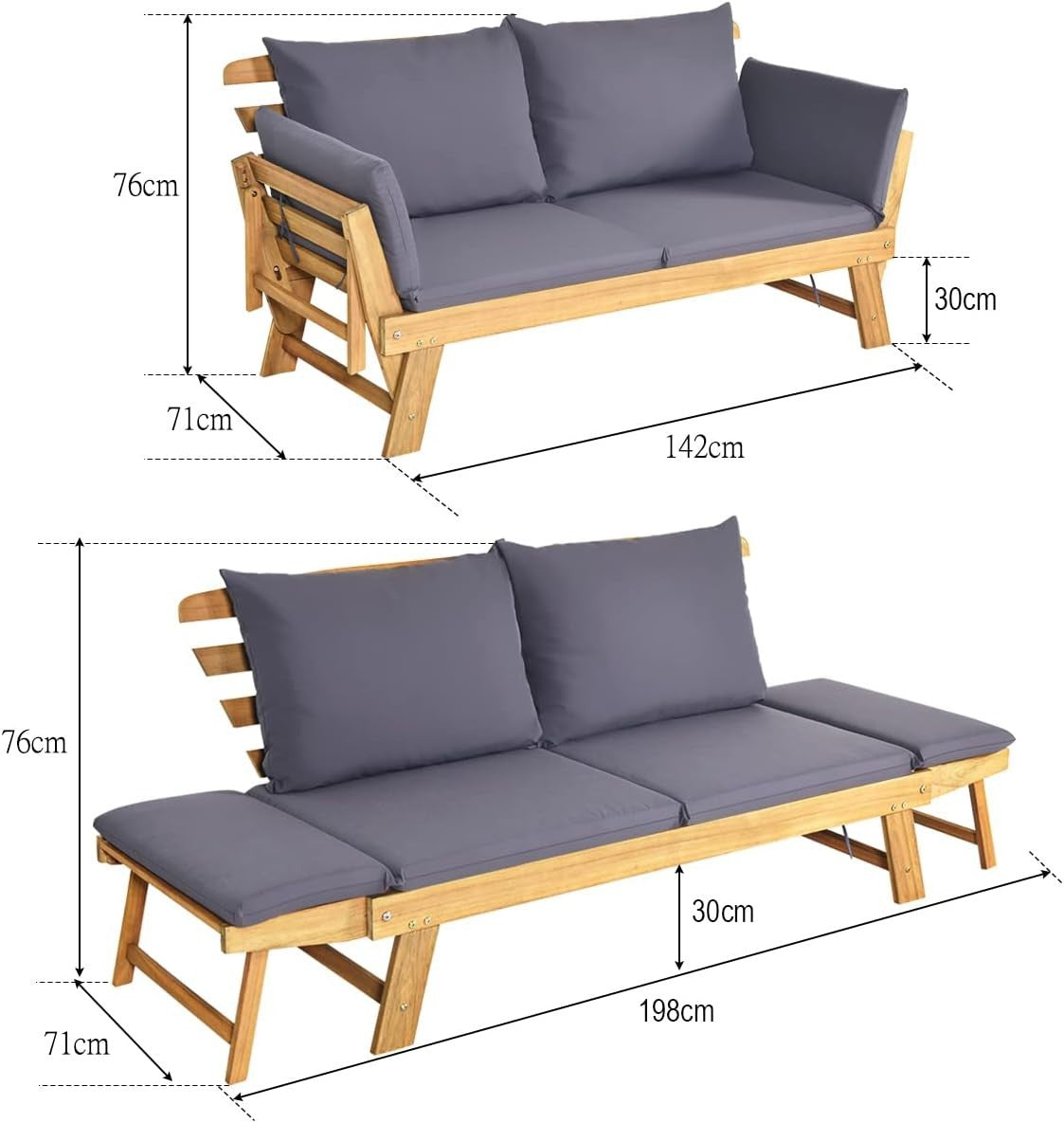 3-in-1 Outdoor Wooden Sofa Bed Lounger | 142×71×76cm | Reclining Daybed