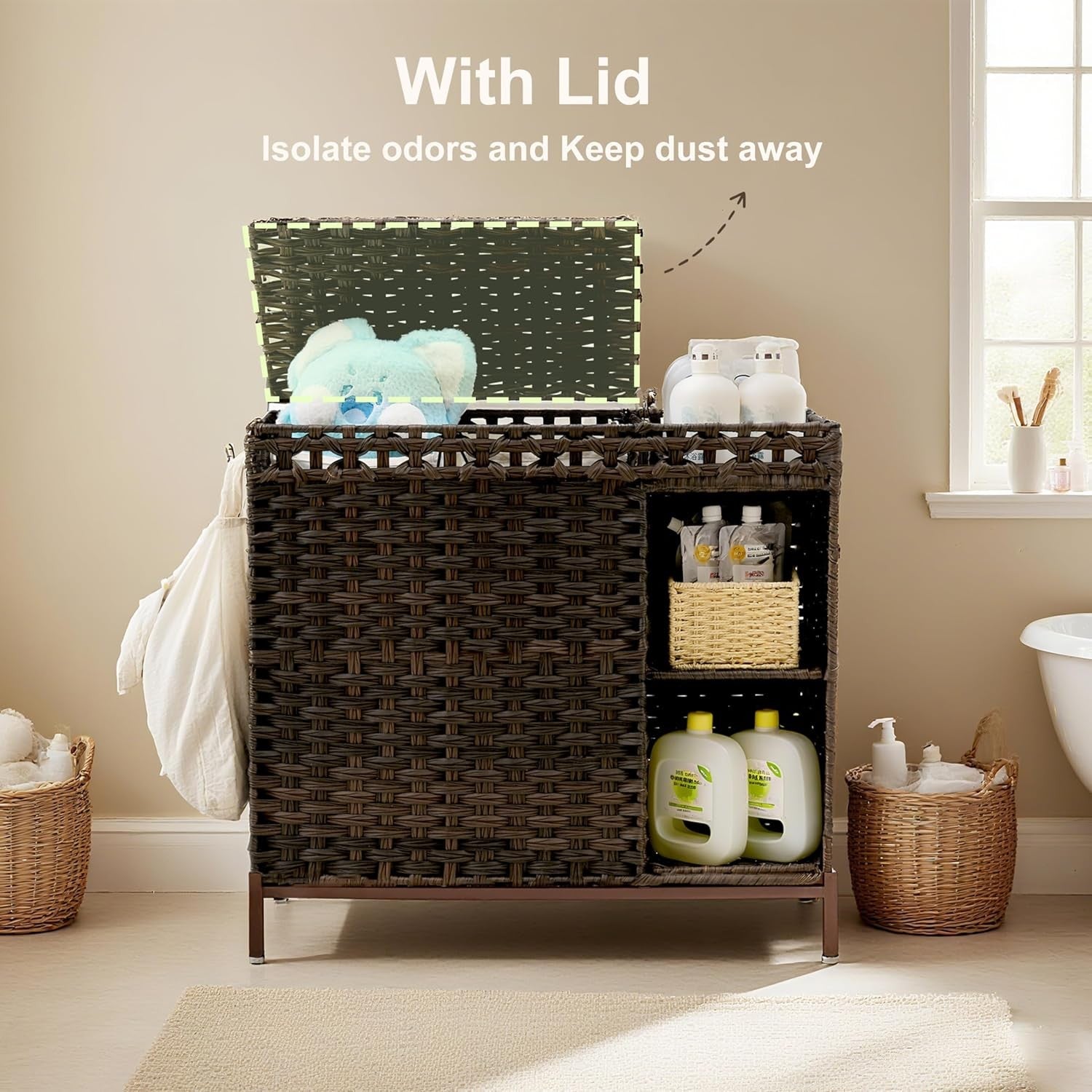 110L Brown Rattan Laundry Hamper 2 Section with Lid Wicker Basket Shelf Unit