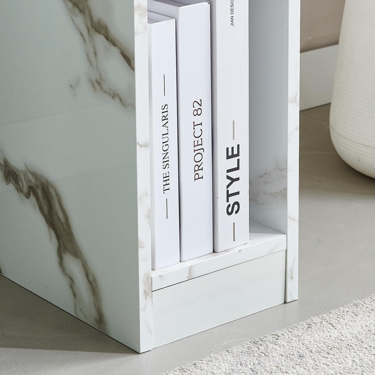 White Marble Slim Bedside Table with Drawer & Shelf, Narrow Modern Nightstand