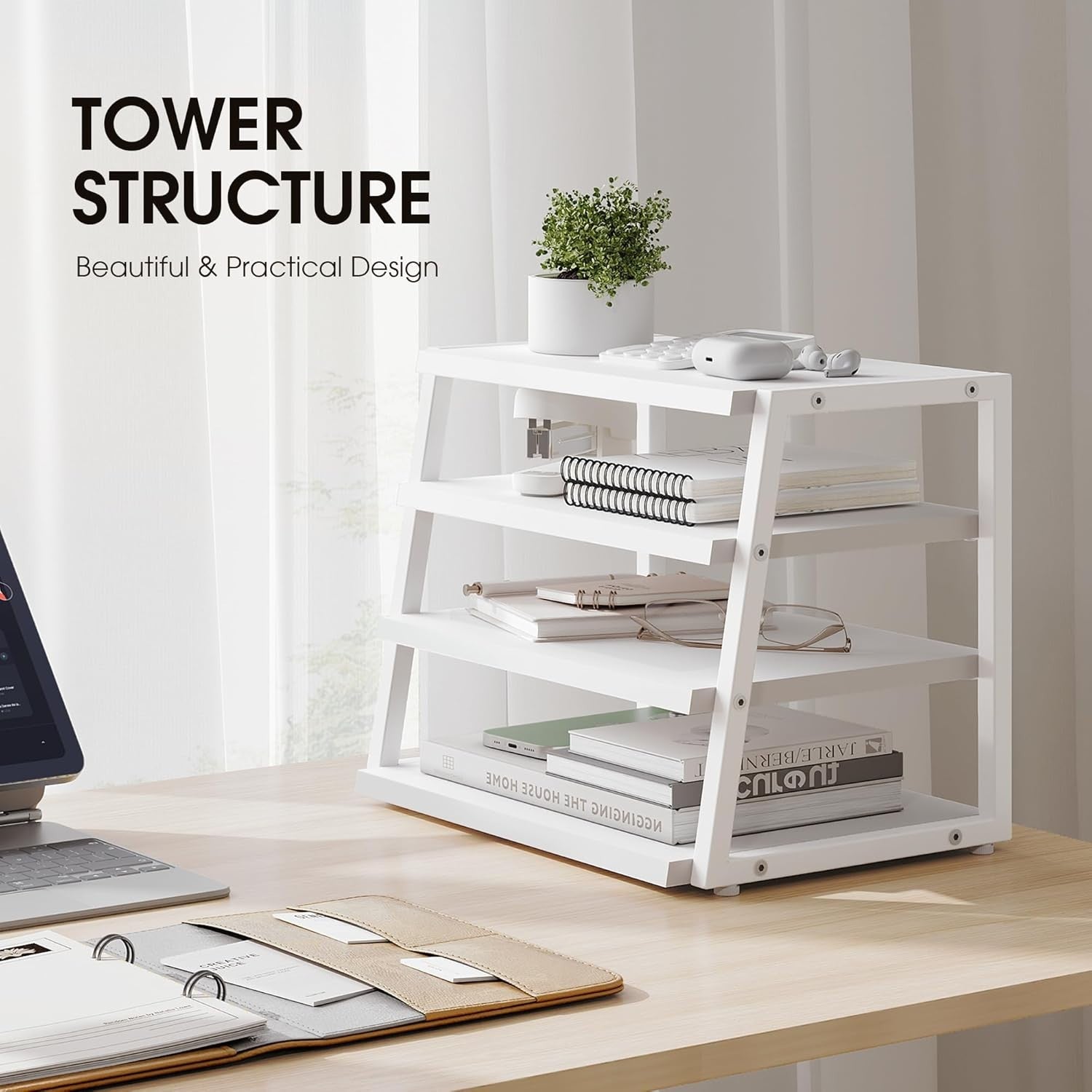 4 Tier Desk File Organizer A4 Paper Tray Wood Metal Office Shelf White