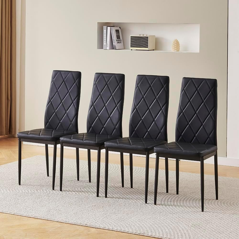 White Dining Table & 4 Black Leather Chairs | Space-Saving Modern Set