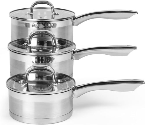 3pcs Stainless Steel Saucepan Set – 16 18 & 20 cm Induction Pans with Glass Lids