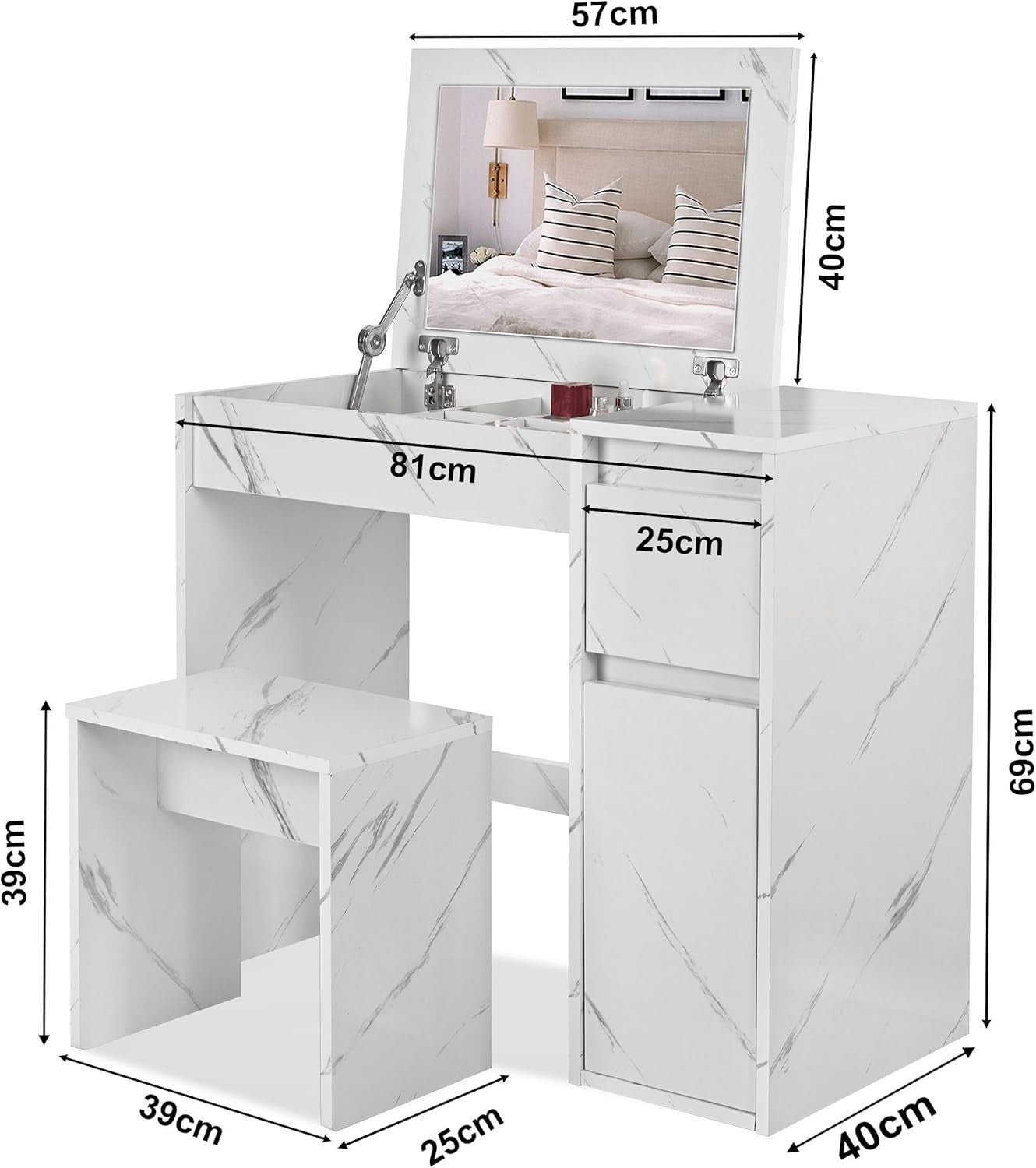 2-in-1 Makeup Vanity Dressing Table Desk Flip Mirror White Marble 1 Drawer Stora