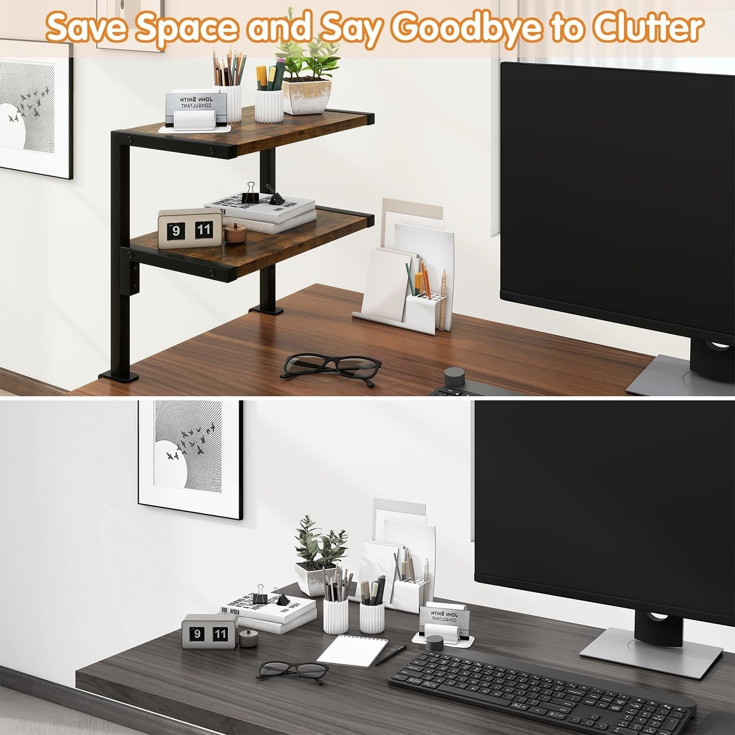 Clamp-On Desk Organizer Shelf 2-Tier Adjustable Storage Rack Rustic Brown 33cm