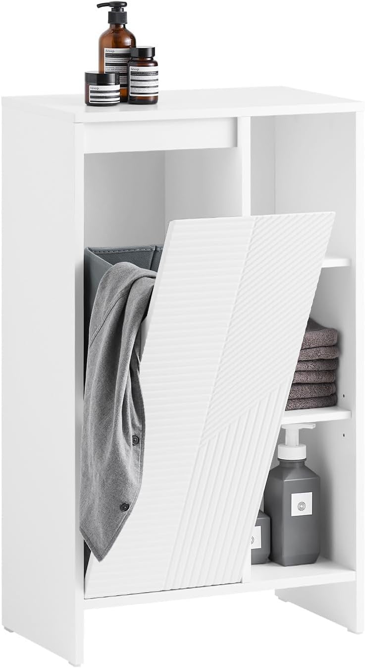 Slim Bathroom Storage Cabinet with Laundry Hamper White Tall Unit 86×50×30cm