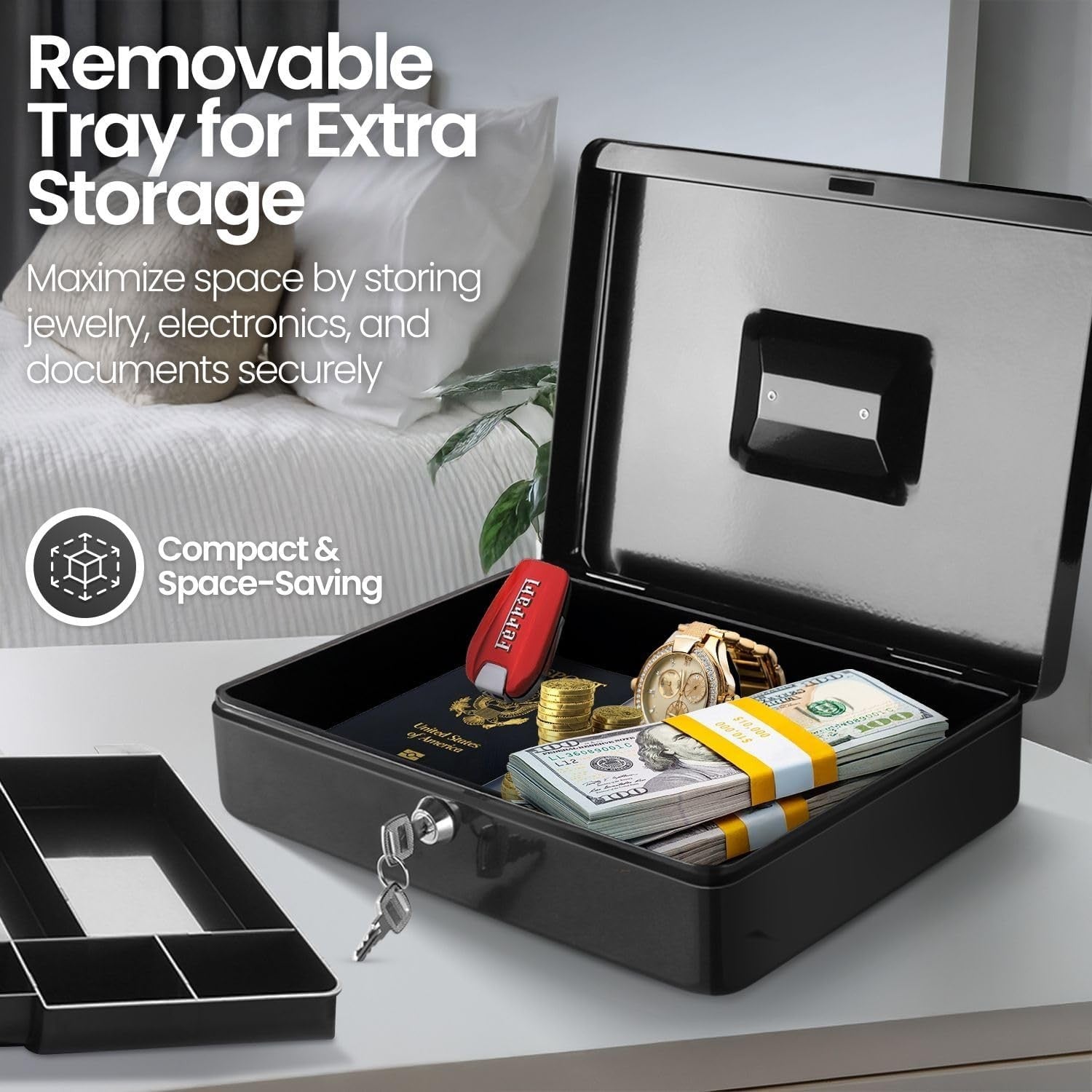 Locking Cash Box Money Tray Portable Coin Bill Storage Organizer