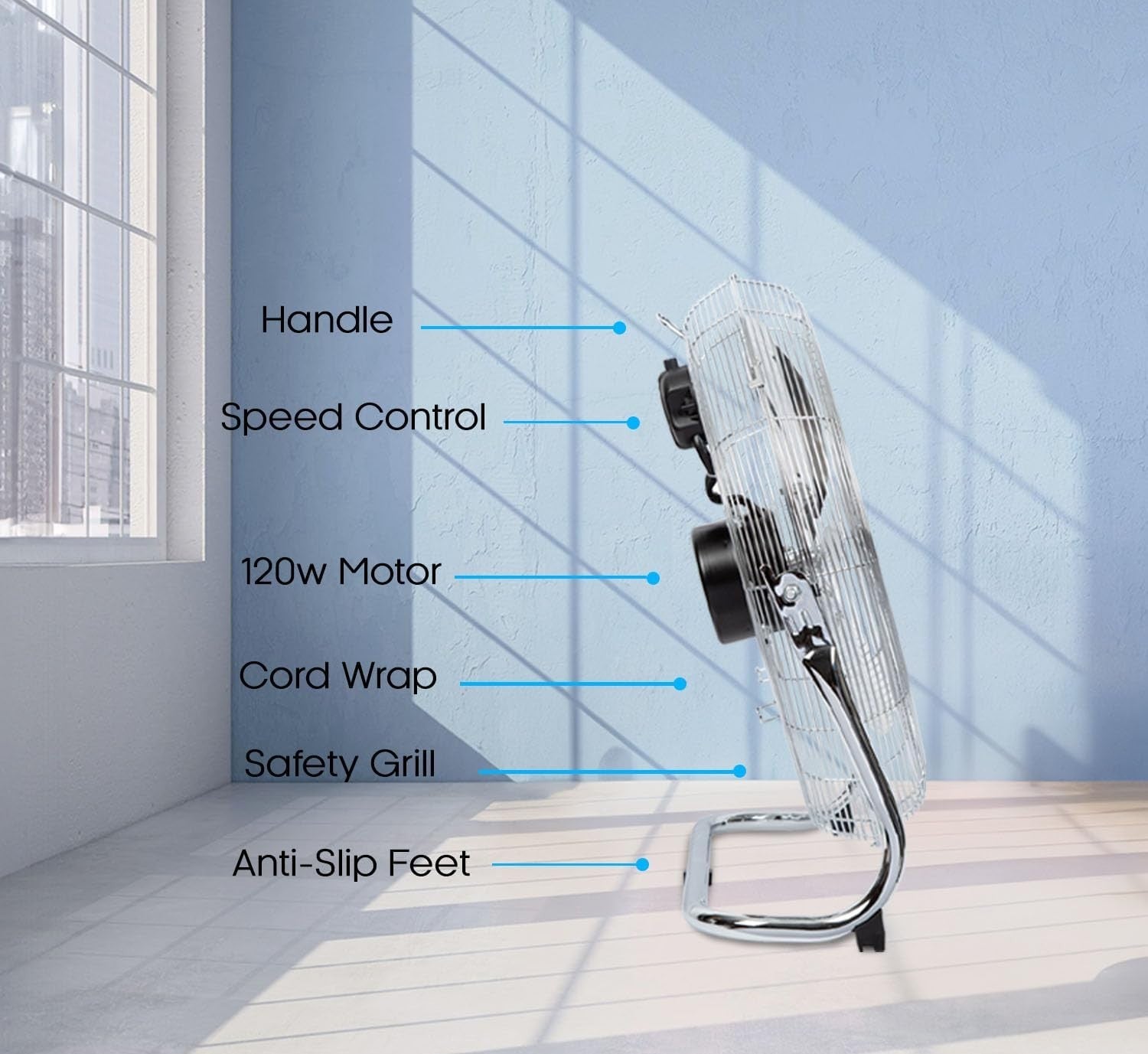 20-Inch Chrome Floor Fan – 3 Speed Adjustable Head High Power Gym Cooling Fan