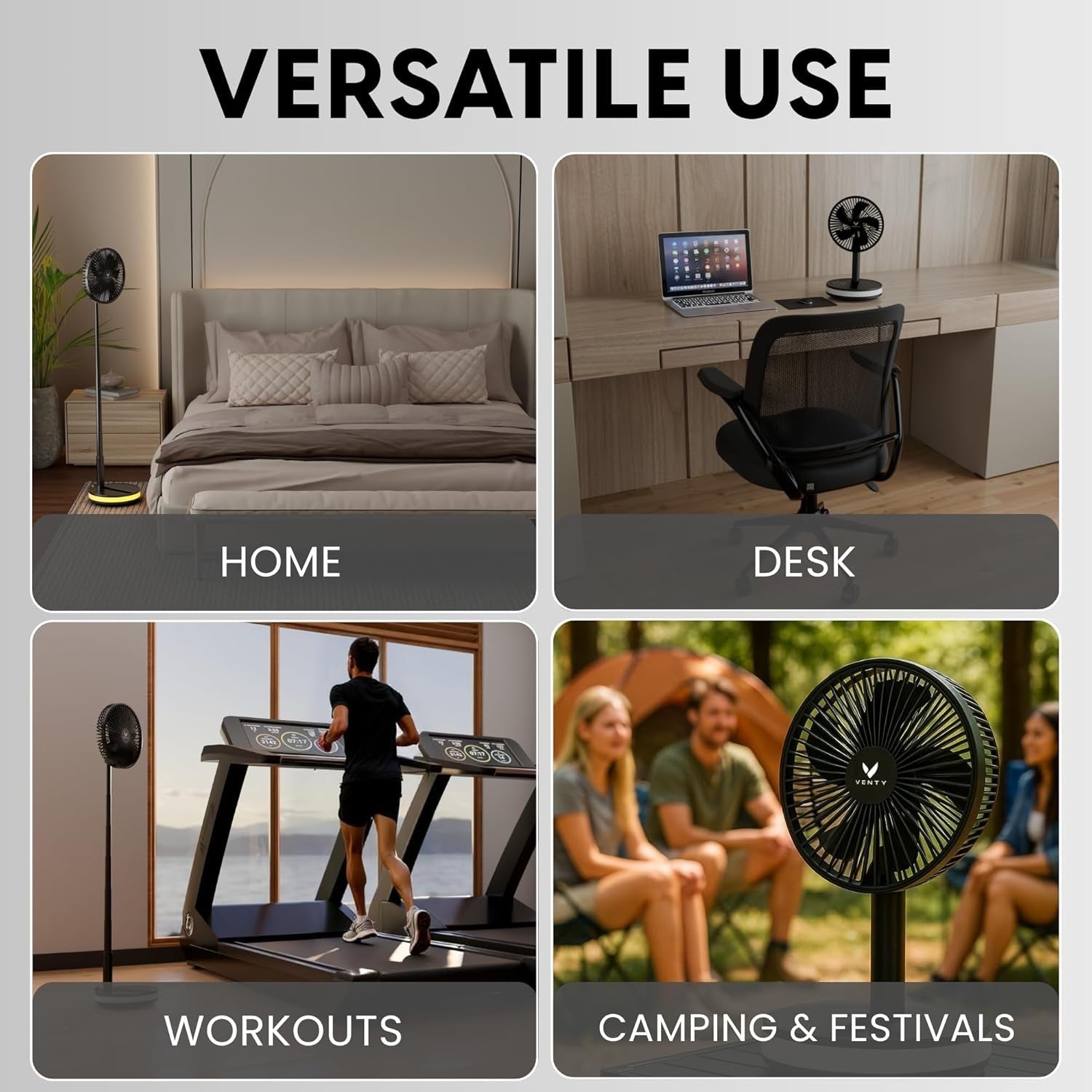 Portable Foldable Fan 4-Speed w Remote LED Light USB-C Rechargeable Black w Case