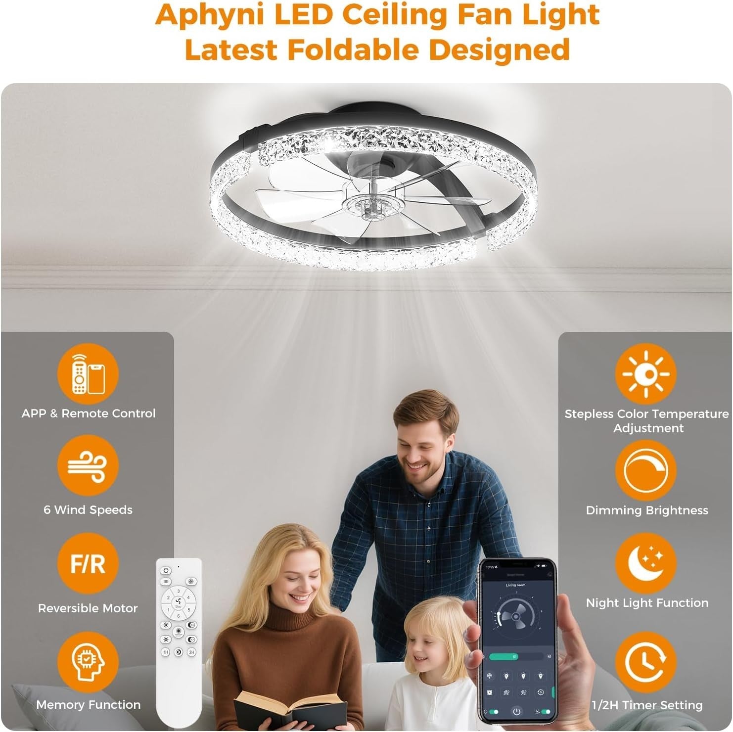 46cm Ceiling Fan with Lights Low Profile LED Dimmable Remote Black