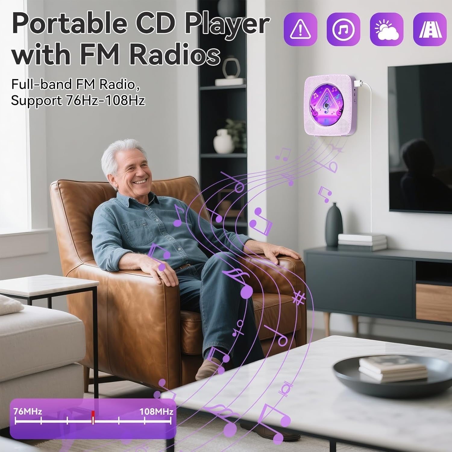Portable CD Player Bluetooth Speakers FM Radio USB AUX Remote Purple