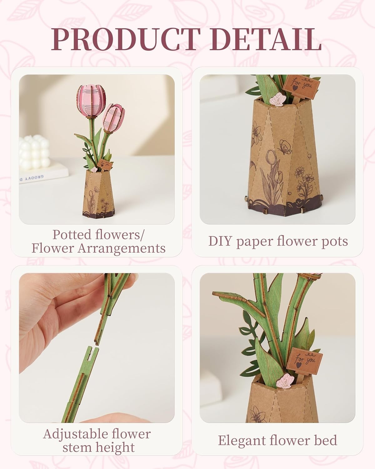 3D Pink Tulip Wooden Puzzle – Adjustable DIY Floral Decor Gift