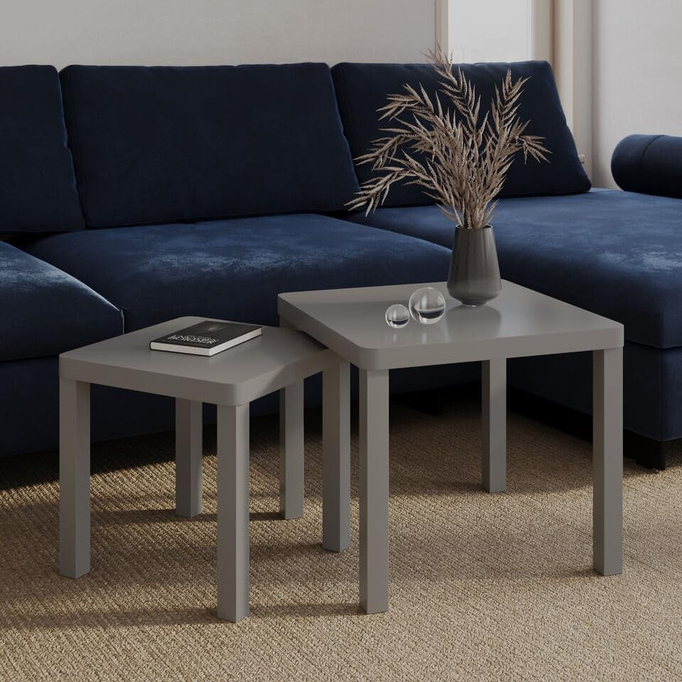 Space Saving Grey Nesting Side Coffee Tables Set 2 Square Wood End Table