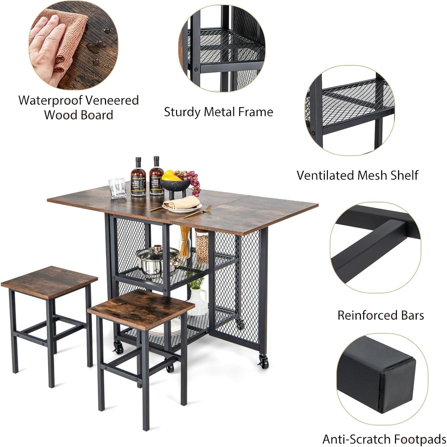 Space-Saving Folding Dining Table & Stools Set with Storage Shelves 120cm