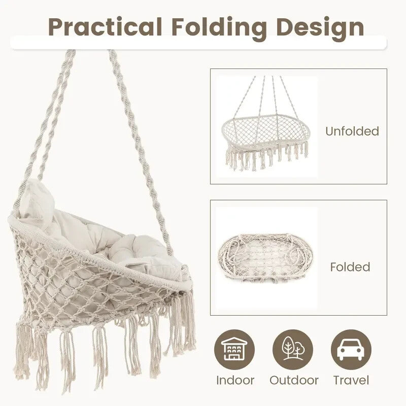 Rope Hanging Chair with Cushion & Folding Frame – 150kg Indoor Outdoor
