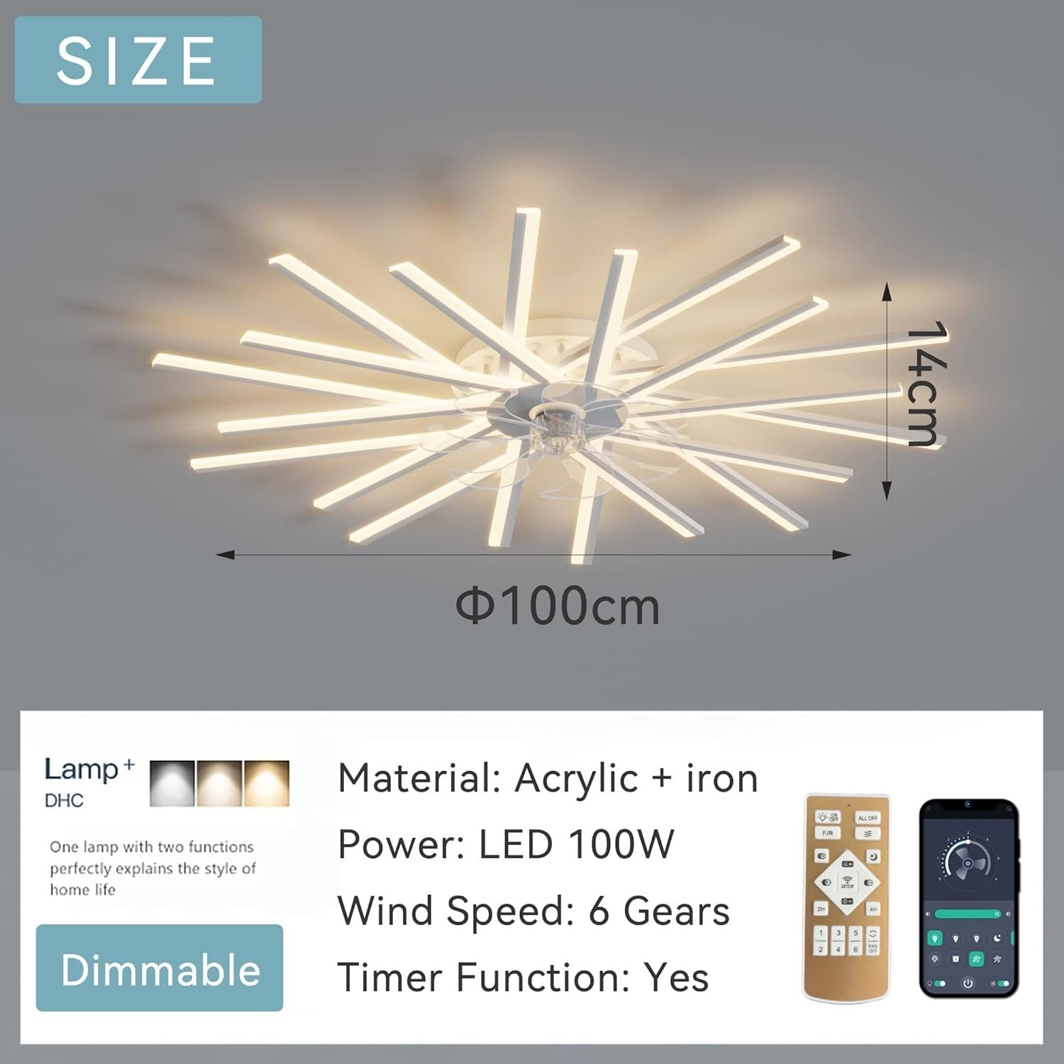 LJX 100cm Ceiling Fan with LED Light, Remote & App, 6 Speeds, Dimmable