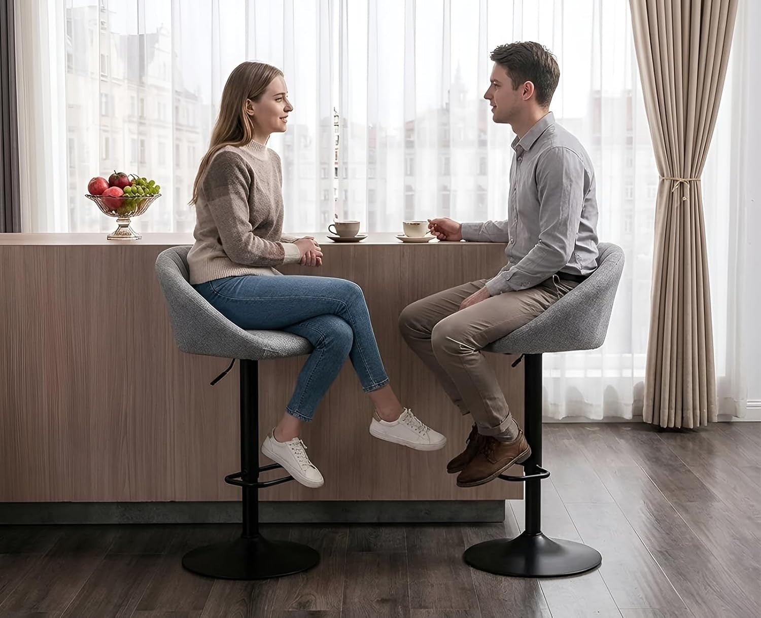 Bar Stools Set of 2 | Grey L-Shaped Adjustable Counter Chairs