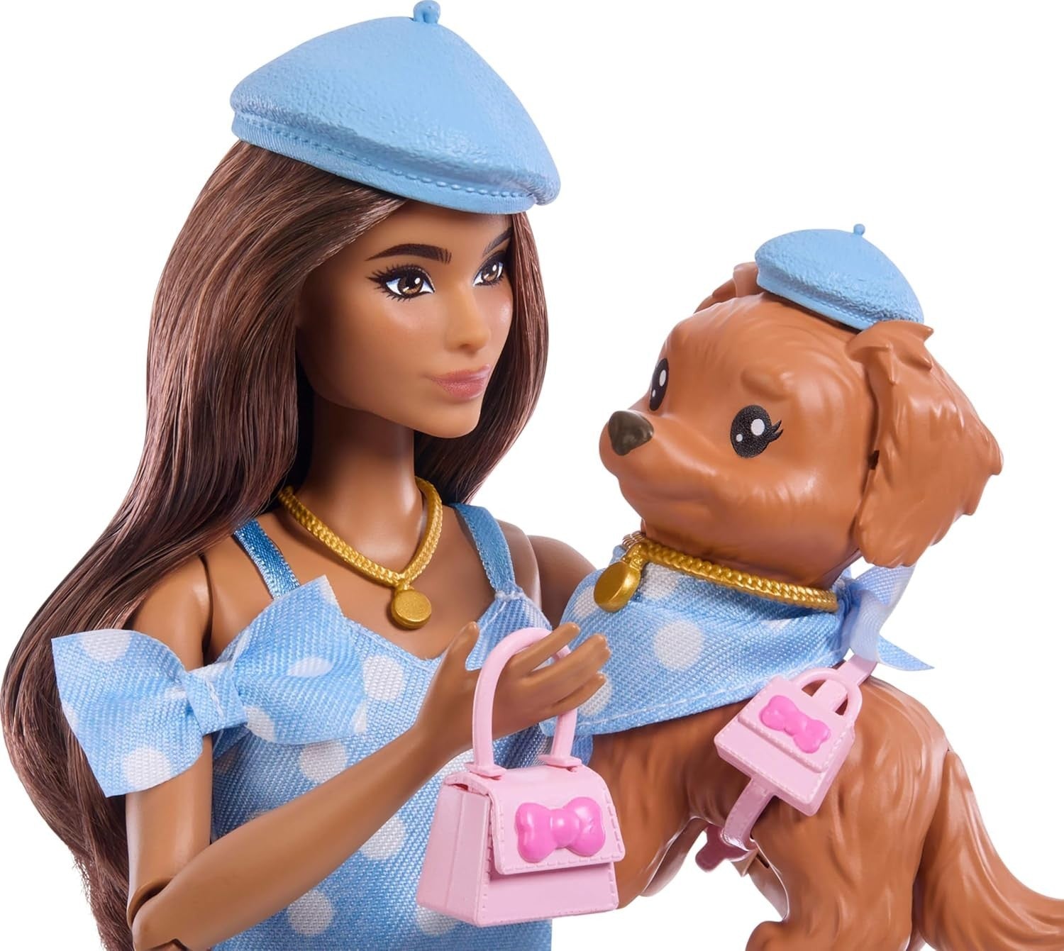 Fashion Doll & Puppy Matching Blue Outfit Beret Purses Play Set