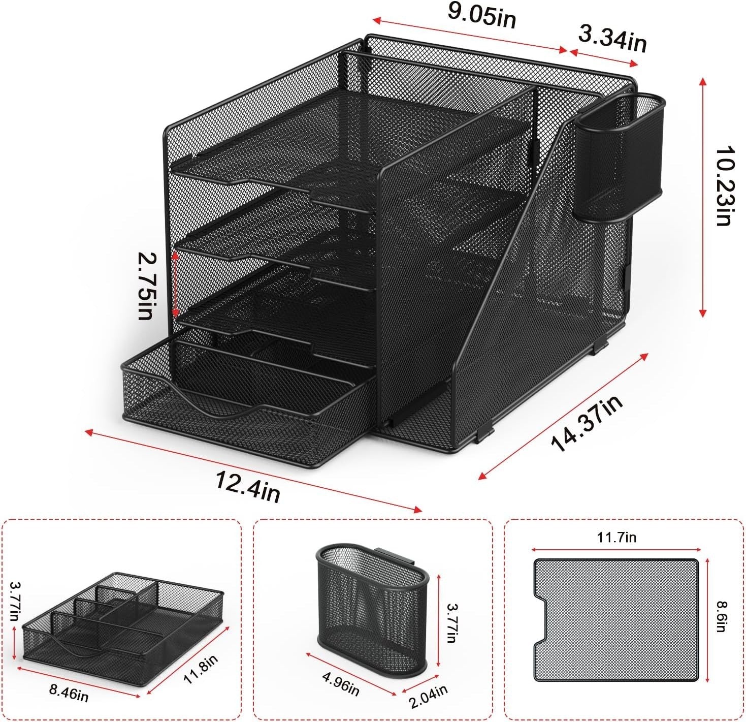 Black Mesh Desk Organiser – 4-Tier Paper Tray, Drawer & Pen Holder