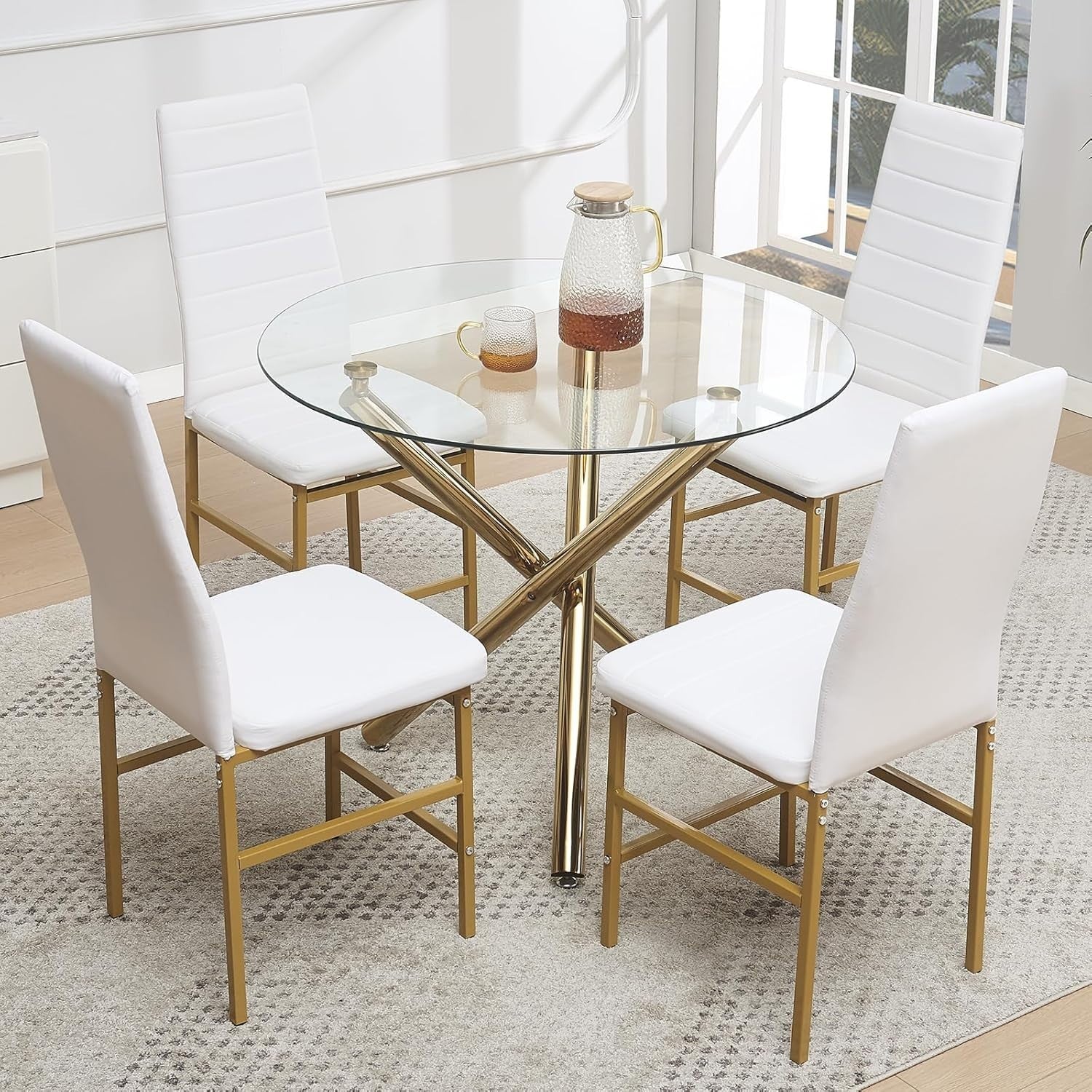 Glass Round Dining Table Set 4 Chairs Gold Legs Small Space Kitchen