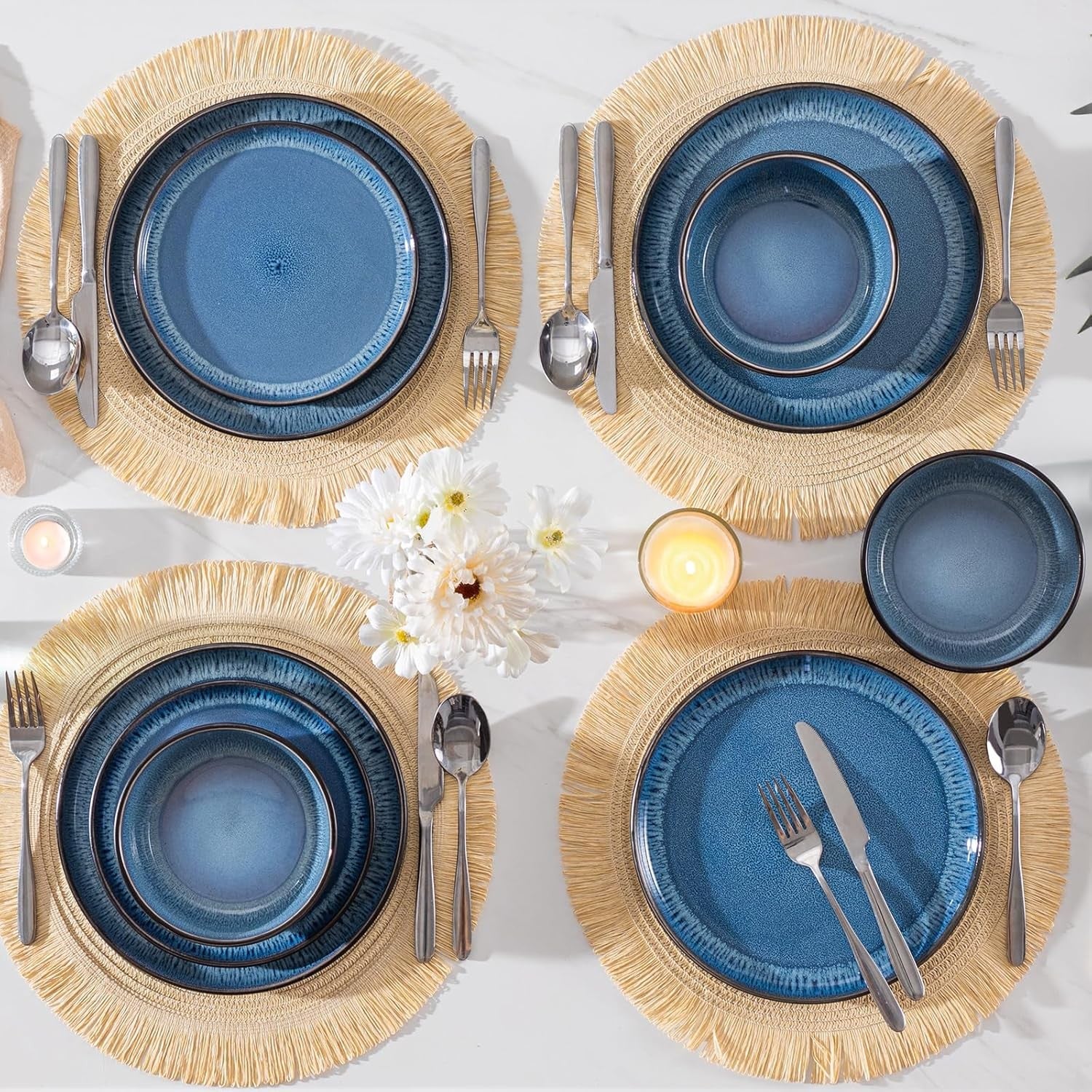 12pc Blue Stoneware Dinner Set Reactive Glaze Plates Bowls Microwave Safe
