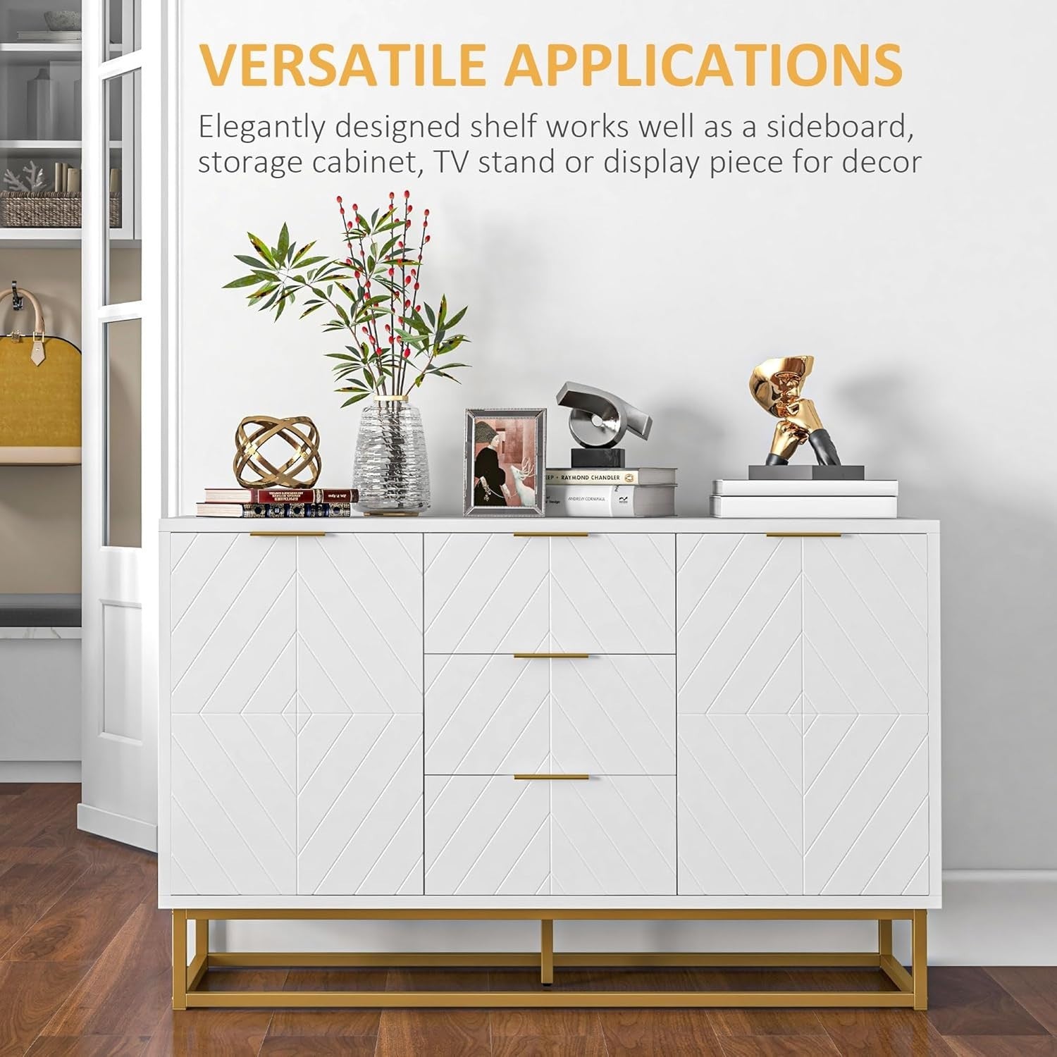 Modern White Sideboard Cabinet 3 Drawers Storage Gold Legs Adjustable