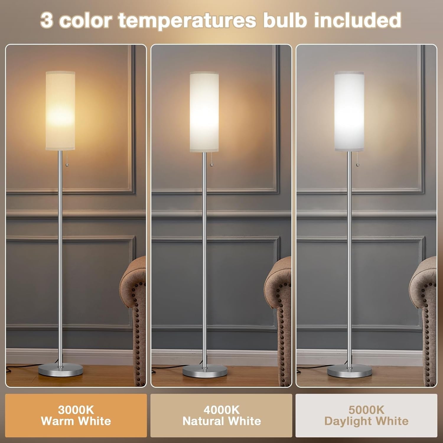Grey Floor Lamp 64in Standing Lamp Bedroom Living Room Bulb Included