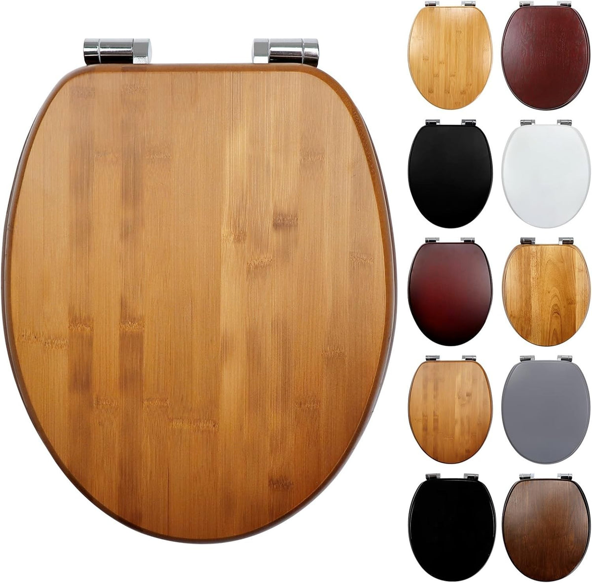 Bamboo Wood Toilet Seat Soft Close Metal Hinges Oval Easy Install 45x37cm