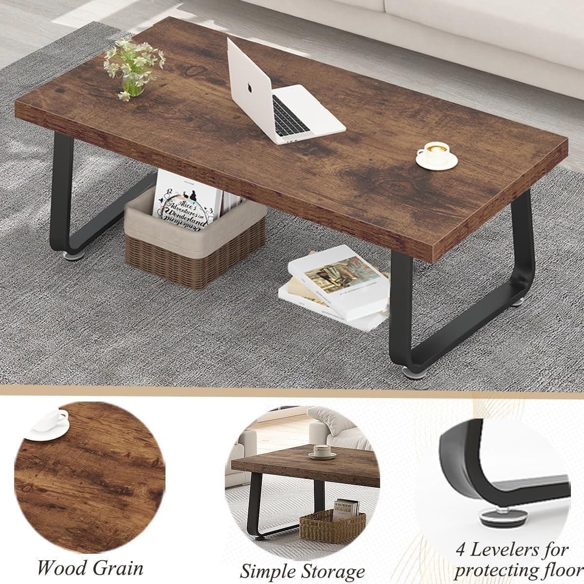 Rustic Brown Industrial Coffee Table 120x60x46.5cm, Metal Frame, Durable